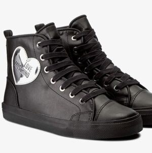 Love Moschino Heart-Accent High Top Sneakers- Black/Silver